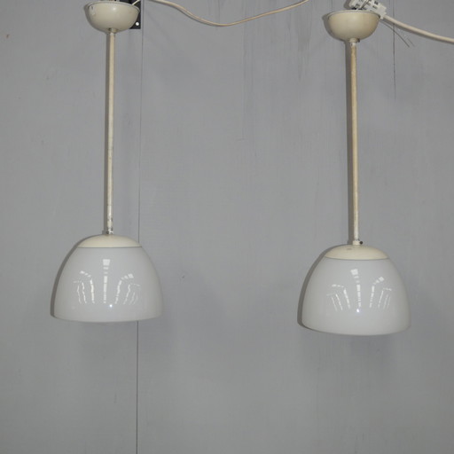 2 x Gispen opaline glass pendant lamps