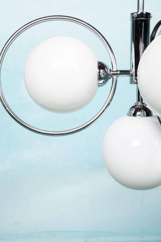 Image 1 of Space age pendant lamp milk glass and chrome, bauhaus 70s pendant