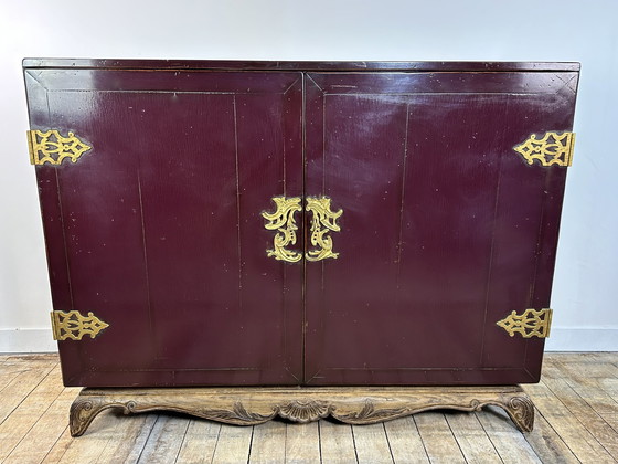 Image 1 of 1950'S Lacquered Wood and Brass Buffet Cabinet
