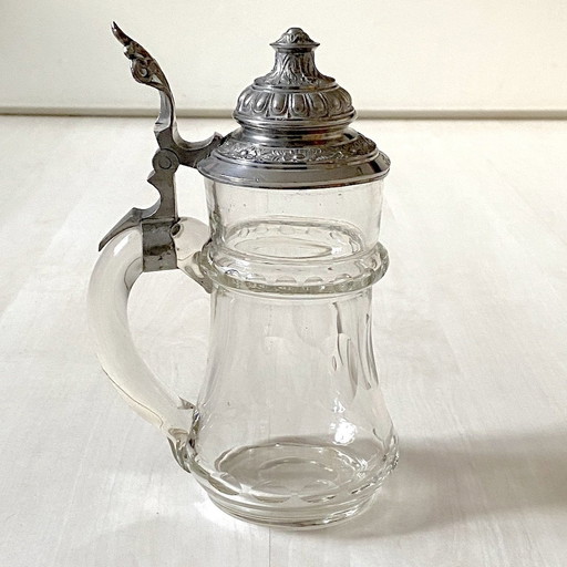 1900 Bohemian Crystal Beer Mug With Chased Pewter Lid