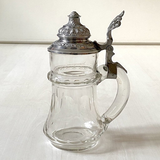 1900 Bohemian Crystal Beer Mug With Chased Pewter Lid