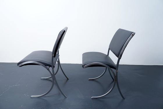 Image 1 of French poolhouse chairs in black leather, 1960s, set of 2