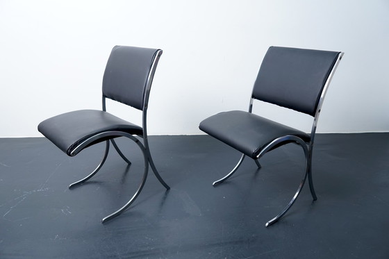 Image 1 of French poolhouse chairs in black leather, 1960s, set of 2