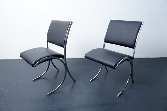 Image 1 of French poolhouse chairs in black leather, 1960s, set of 2