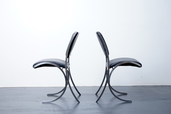 Image 1 of French poolhouse chairs in black leather, 1960s, set of 2