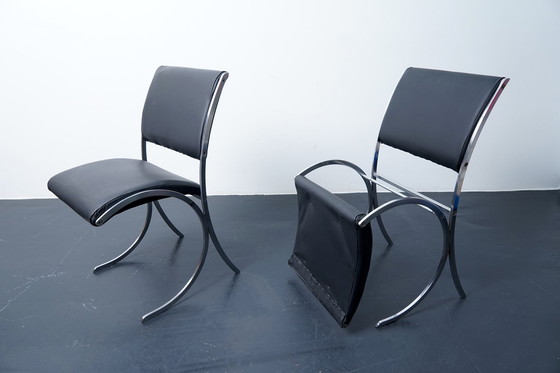 Image 1 of French poolhouse chairs in black leather, 1960s, set of 2