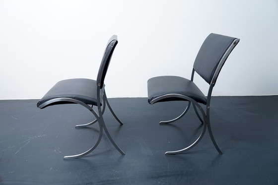 Image 1 of French poolhouse chairs in black leather, 1960s, set of 2