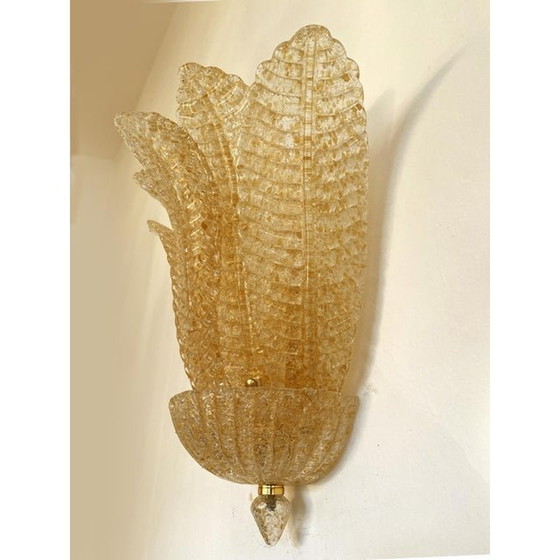 Image 1 of Set Of Two Transparent And Gold Graniglia “Leaf” Murano Glass Wall Sconces