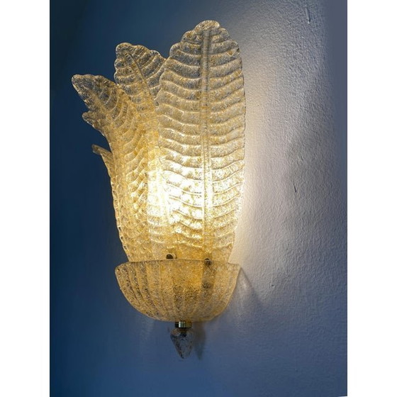 Image 1 of Set Of Two Transparent And Gold Graniglia “Leaf” Murano Glass Wall Sconces