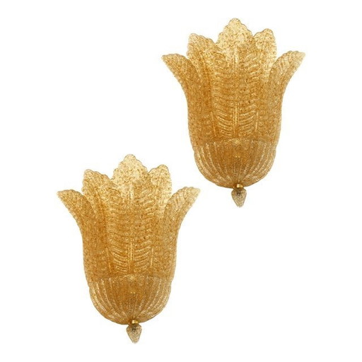 Set Of Two Transparent And Gold Graniglia “Leaf” Murano Glass Wall Sconces