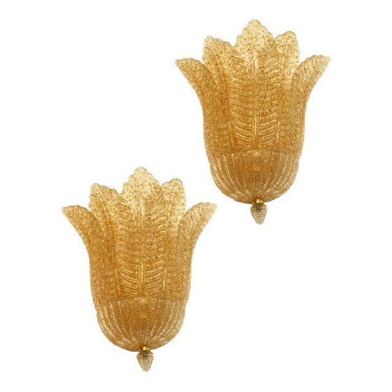 Image 1 of Set Of Two Transparent And Gold Graniglia “Leaf” Murano Glass Wall Sconces