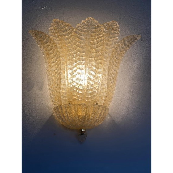 Image 1 of Set Of Two Transparent And Gold Graniglia “Leaf” Murano Glass Wall Sconces