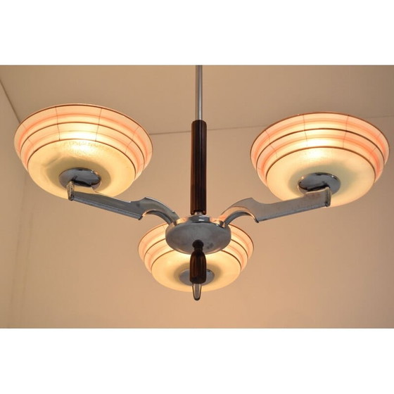 Image 1 of Vintage glass and chrome chandelier, Czech 1950