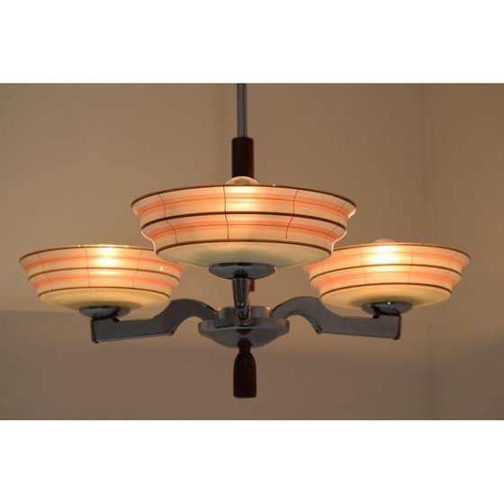 Image 1 of Vintage glass and chrome chandelier, Czech 1950