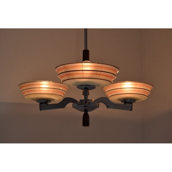 Image 1 of Vintage glass and chrome chandelier, Czech 1950