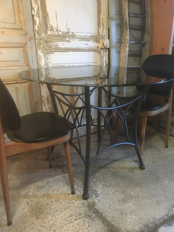 Image 1 of Round Table With Metal And Glass Legs Smoke