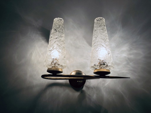 Lampada da parete doppia vintage • Ottone, acciaio e vetro • 1950