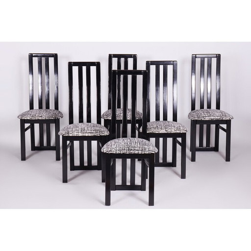 Set of 6 vintage solid beechwood and fabric chairs by Thon, Czechia 1970