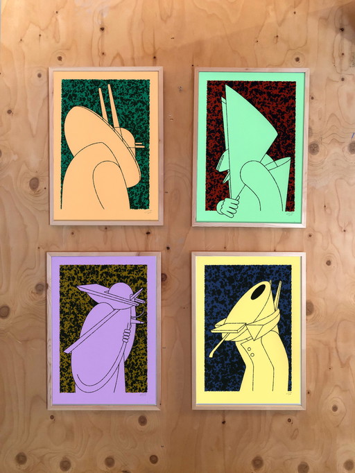 4x Zeefdrukken "Dignitary portraits" door Cliff van Thillo serie 4x A3 op gekleurd papier