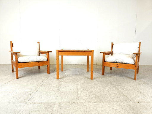 Vintage pine wood armchair set