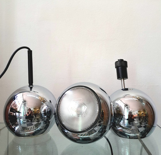 Image 1 of 3x chrome-plated metal eyeball spotlights 1970