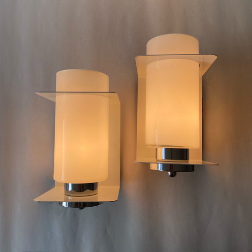 Large Pair of Minimalist Wall Lights Glass And Metal Design 1950 1960 Bauhaus Spirit