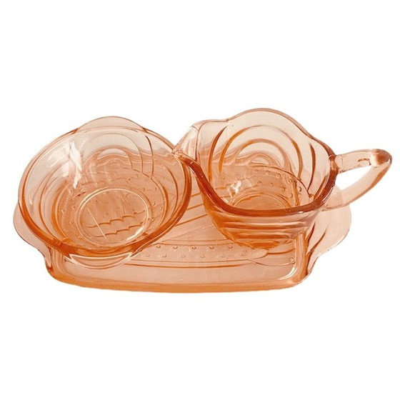 Image 1 of Art deco pink glass Milk and sugar set with serving tray