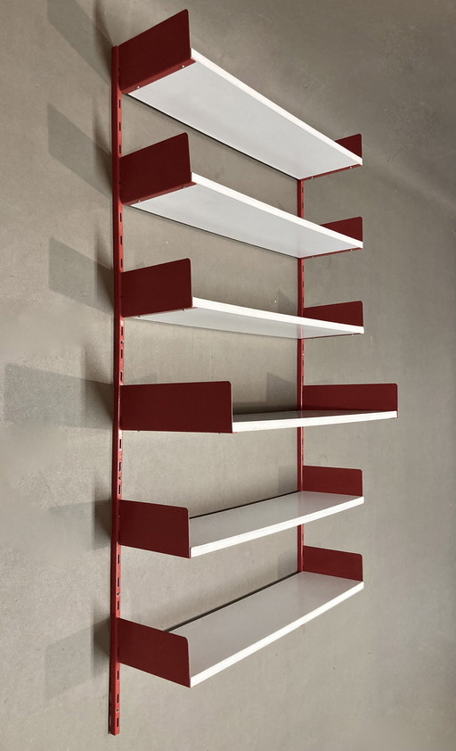 Metal and wood modular shelving.