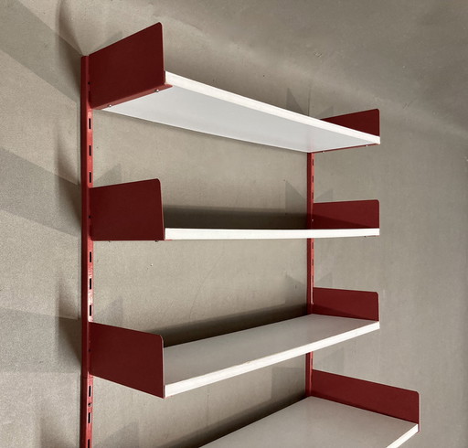 Metal and wood modular shelving.