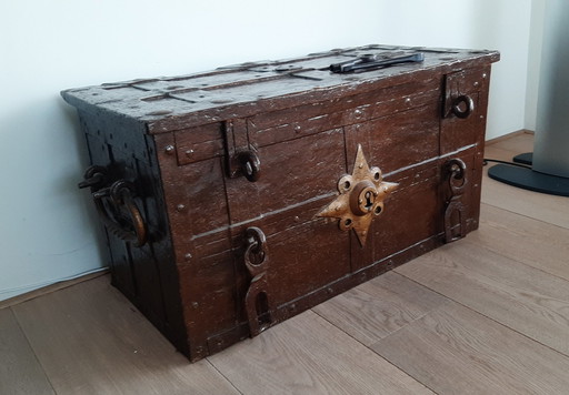 Antique iron money box with key 17th century.