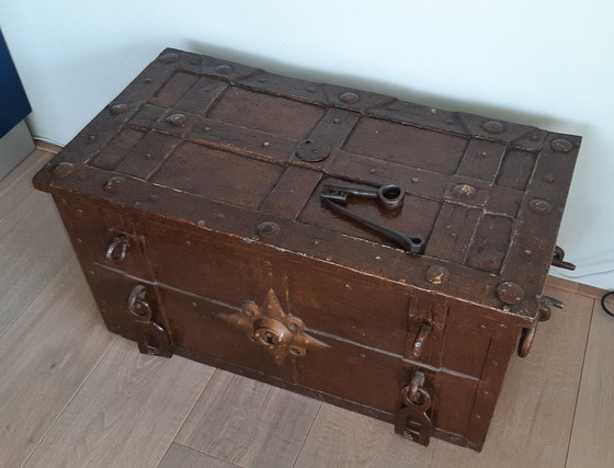 Image 1 of Antique iron money box with key 17th century.