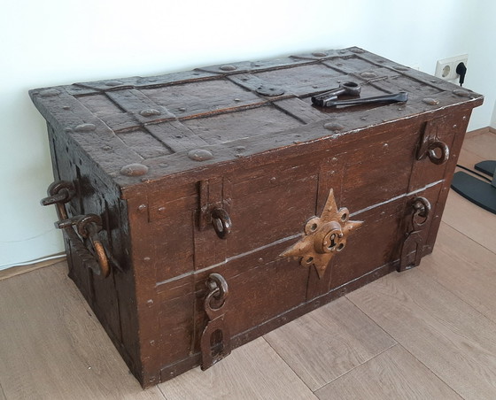 Image 1 of Antique iron money box with key 17th century.