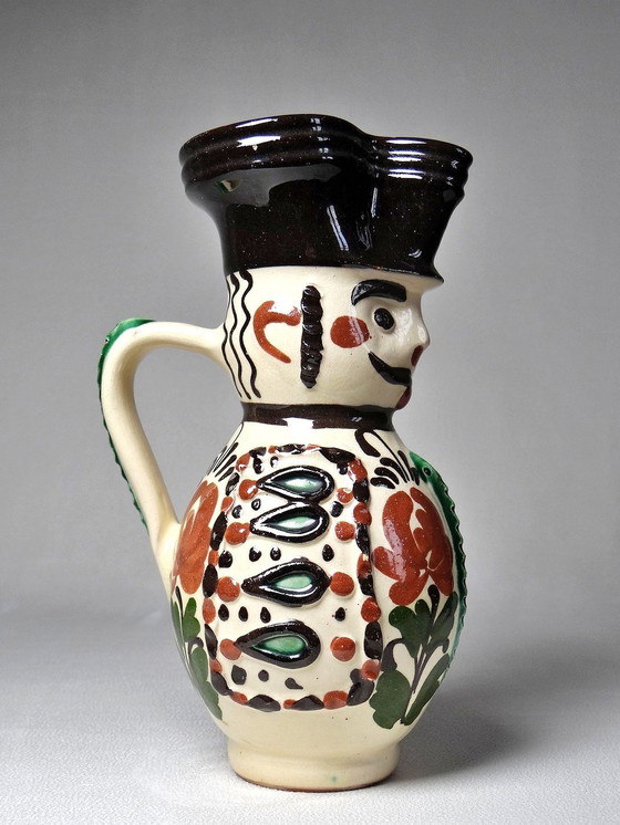 Image 1 of Antique Hungarian Earthenware Enameled Folk Art Miska Pitcher