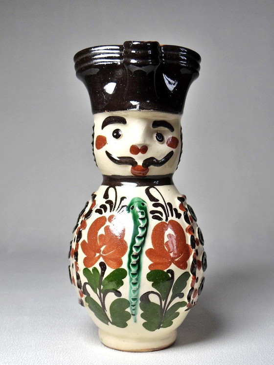 Image 1 of Antique Hungarian Earthenware Enameled Folk Art Miska Pitcher