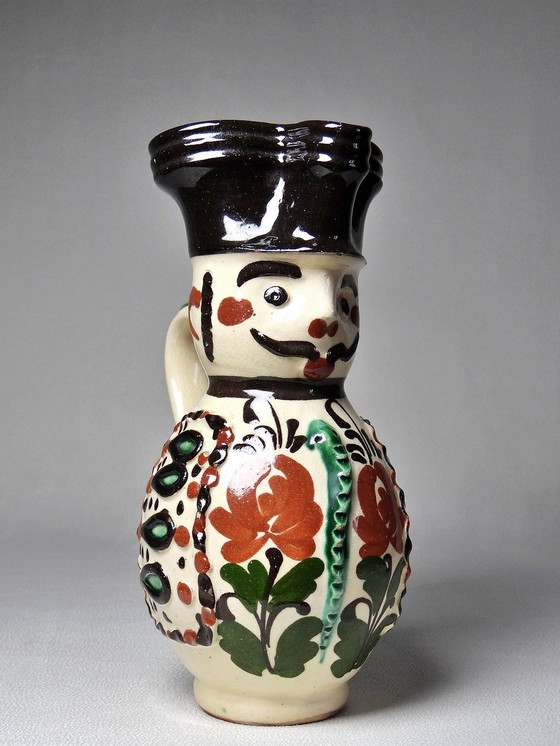 Image 1 of Antique Hungarian Earthenware Enameled Folk Art Miska Pitcher