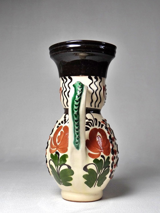 Image 1 of Antique Hungarian Earthenware Enameled Folk Art Miska Pitcher