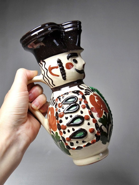 Image 1 of Antique Hungarian Earthenware Enameled Folk Art Miska Pitcher