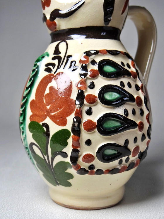 Image 1 of Antique Hungarian Earthenware Enameled Folk Art Miska Pitcher