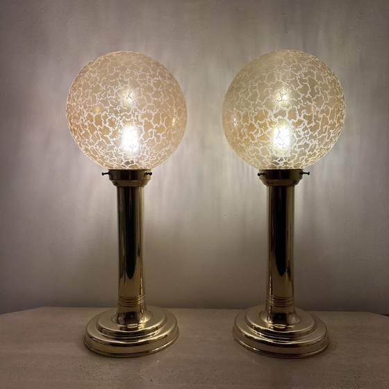 Image 1 of Set Of 2 Large Glass Globe Table Lamp With Brass Base , 1970S