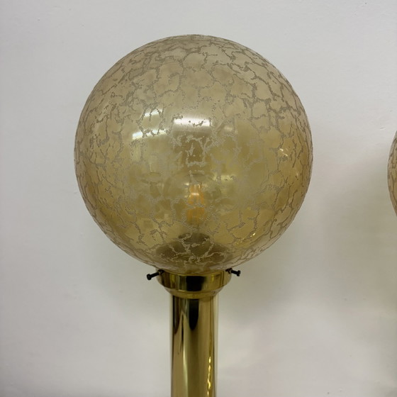 Image 1 of Set Of 2 Large Glass Globe Table Lamp With Brass Base , 1970S