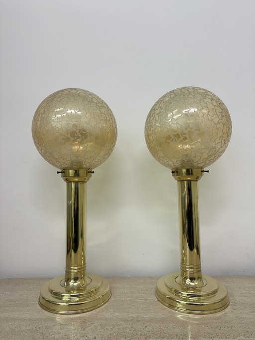 Set Of 2 Large Glass Globe Table Lamp With Brass Base , 1970S