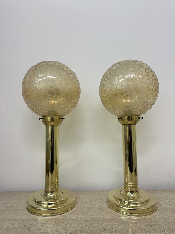 Image 1 of Set Of 2 Large Glass Globe Table Lamp With Brass Base , 1970S
