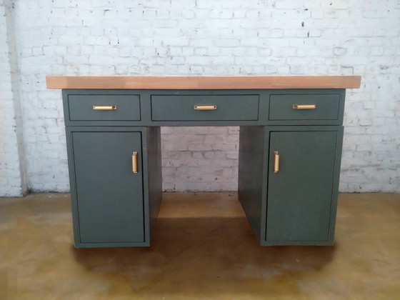 Image 1 of Bureau industriel vintage avec tablette en bois d'hévéa