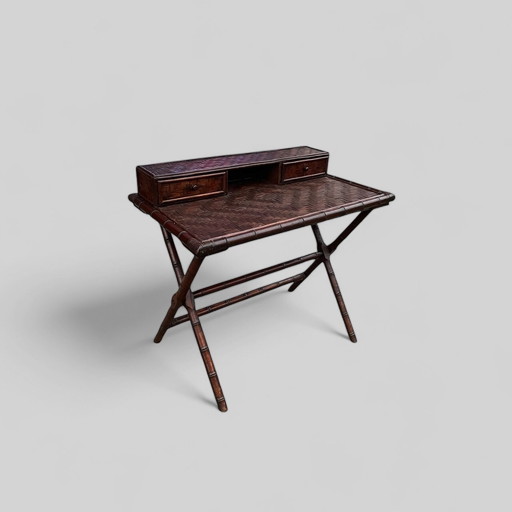 Folding Writing Table - Desk, Wicker And Bamboo