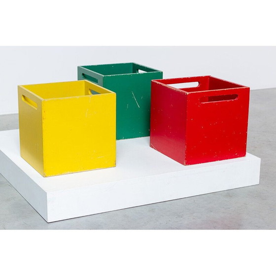 Image 1 of Set of 3 vintage square wooden storage boxes by De Stijl, Netherlands