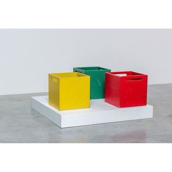Image 1 of Set of 3 vintage square wooden storage boxes by De Stijl, Netherlands
