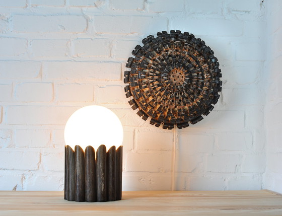 Image 1 of Stylistic wooden table lamp with white milk glass sphere