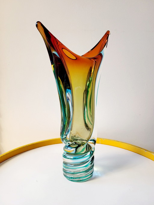 Murano multicolored glass vase "ears" model with turned foot, Somserso technique, Italy