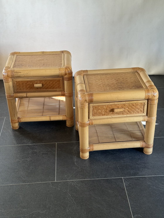 Image 1 of Pair of Vintage Bamboo and Ratan Side Tables