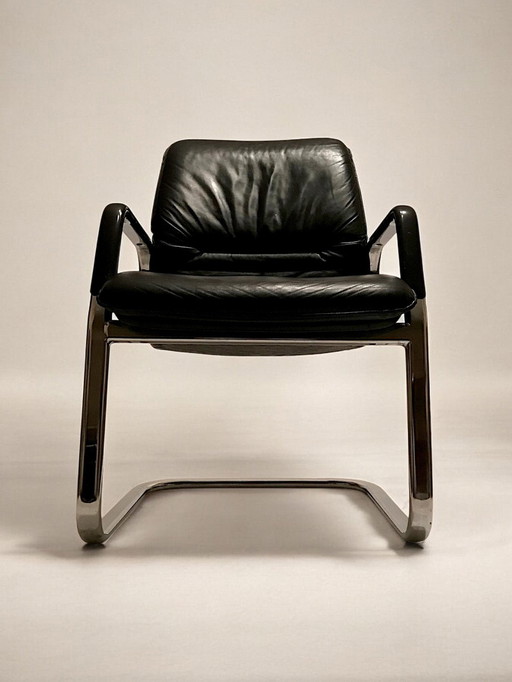 Black Leather And Chromed Steel Office Chair - 1995 - Italy -